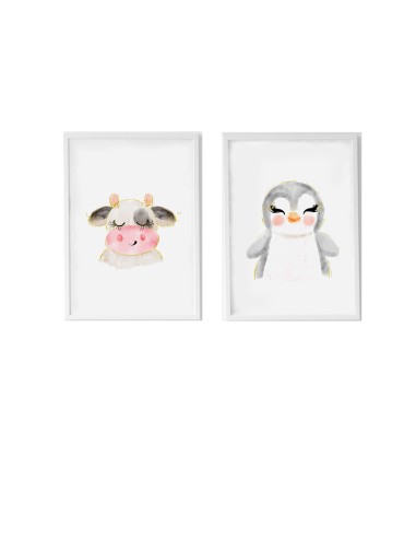 Jeu de 2 tableaux Crochetts Multicouleur Bois MDF 33 x 43 x 2 cm Vache Pingouin (2 Pièces)