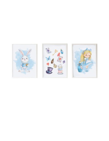 Jeu de 3 tableaux Crochetts Alice Multicouleur Bois MDF 33 x 43 x 2 cm Lapin Chapeau Fille (3 Pièces)