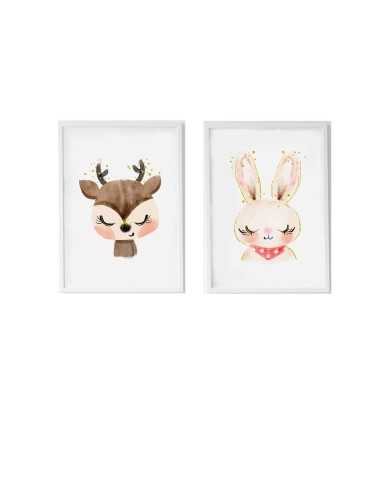 Jeu de 2 tableaux Crochetts Multicouleur Bois MDF 33 x 43 x 2 cm Lapin Cerf (2 Pièces)