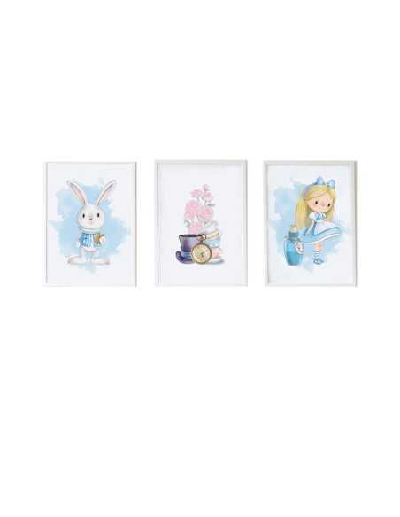 Jeu de 3 tableaux Crochetts Alice Multicouleur Bois MDF 33 x 43 x 2 cm Fleurs Lapin Fille (3 Pièces)