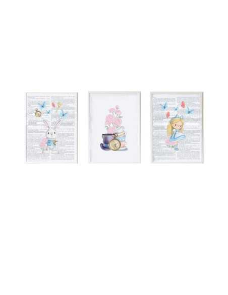 Jeu de 3 tableaux Crochetts Alice Multicouleur Bois MDF 33 x 43 x 2 cm Lapin Fleurs Fille (3 Pièces)