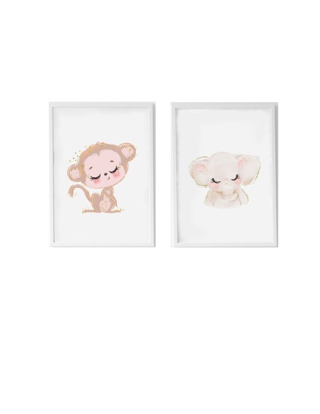 Jeu de 2 tableaux Crochetts Multicouleur Bois MDF 33 x 43 x 2 cm Eléphant Singe (2 Pièces)