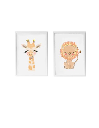 Jeu de 2 tableaux Crochetts Multicouleur Bois MDF 33 x 43 x 2 cm Girafe Lion (2 Pièces)