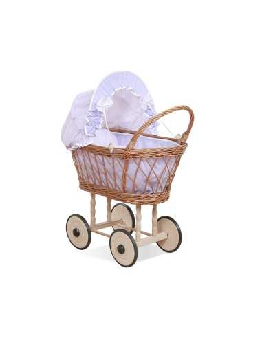 Wicker dolls' pram with lilac bedding and padding - natural