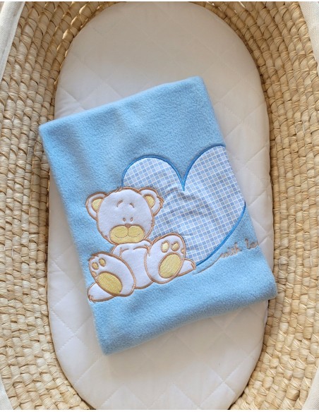 Polar fleece blanket for babies - Milo- Teddy Bear with Heart blue