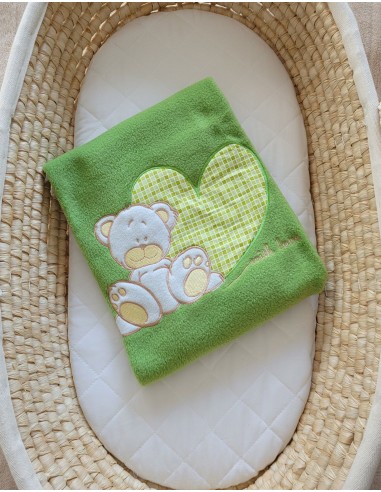 Polar fleece blanket for babies - Milo- Teddy Bear with Heart green