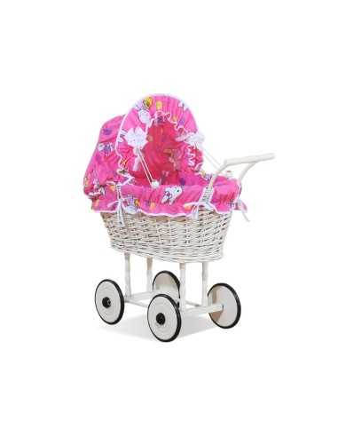 Wicker dolls' pram with pink bedding and padding - white