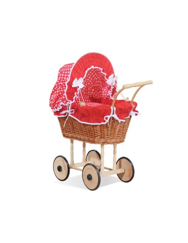 Wicker dolls' pram with red bedding and padding - natural