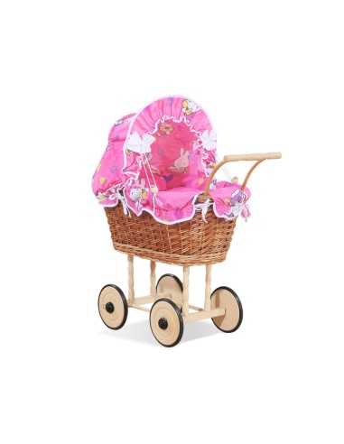 Wicker dolls' pram with pink bedding and padding - natural