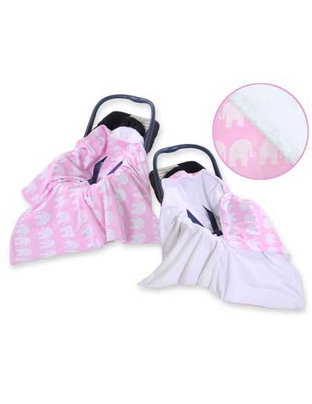 Big double-sided car seat blanket for babies - Elephants pink