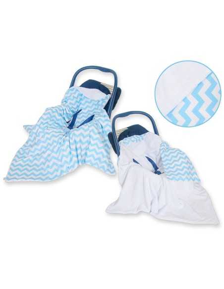 Big double-sided car seat blanket for babies - Chevron blue-white