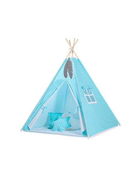 Teepee tent for kids +play mat + decorative feathers - White dots on turquoise