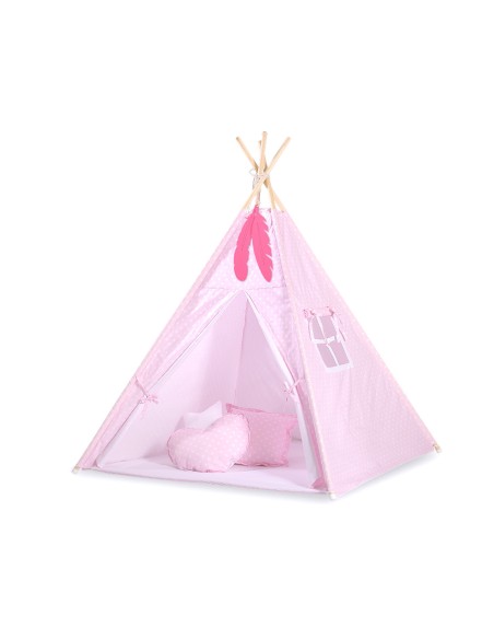 Teepee tent for kids +play mat + decorative feathers - White dots on pink