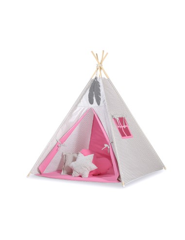 Teepee tent for kids +play mat + decorative feathers - Grey checkered-pink