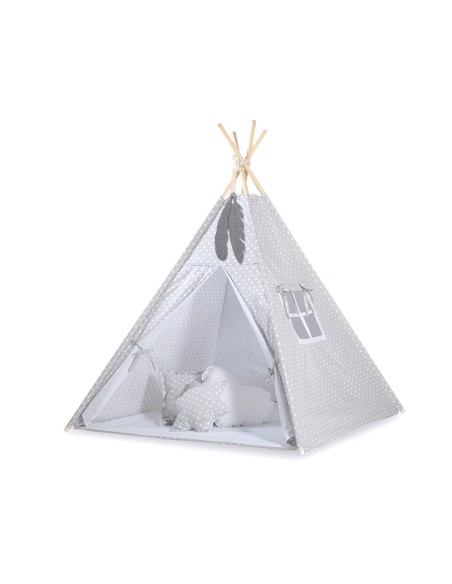 Teepee tent for kids +play mat + decorative feathers - White dots on grey