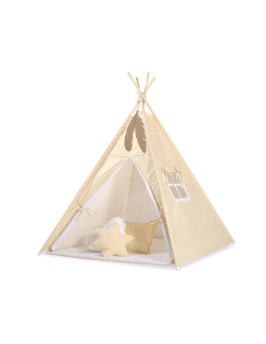 Teepee tent for kids + decorative feathers - White dots on beige