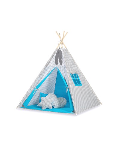 Teepee tent for kids + decorative feathers - Grey checkered- turquoise