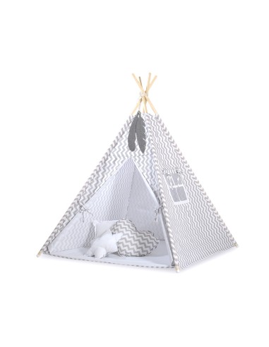 Teepee tent for kids + playmat + pillows + decorative feathers - Chevron grey