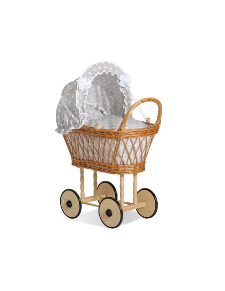 Wicker dolls' pram with grey bedding and padding - natural