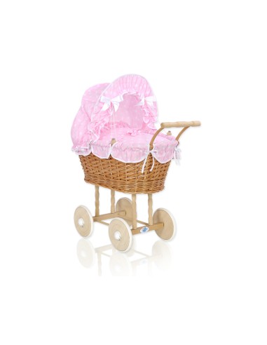 Wicker dolls' pram with pink bedding and padding - natural