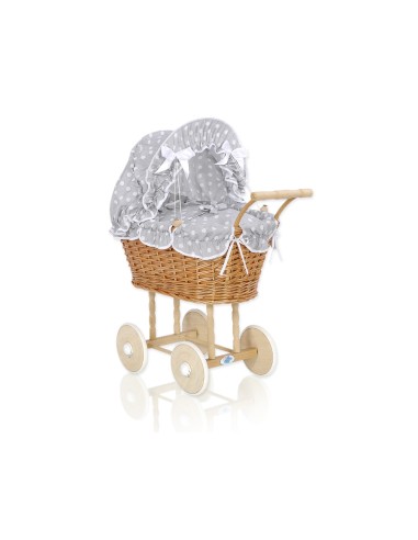 Wicker dolls' pram with grey bedding and padding - natural