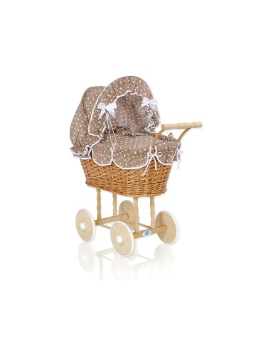 Wicker dolls' pram with brown bedding and padding - natural