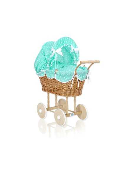 Wicker dolls' pram with mintbedding and padding - natural