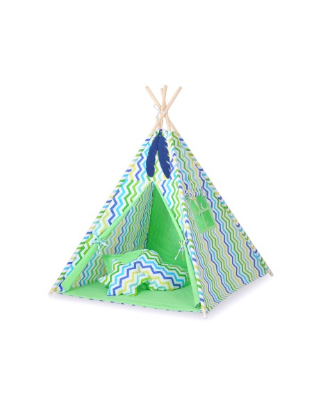 Teepee tent for kids + decorative feathers - Chevron green-blue