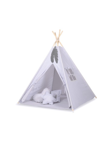 Teepee tent for kids + playmat + pillows + decorative feathers - Grey rosette