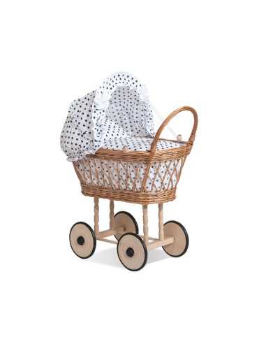 Wicker dolls' pram with black-white bedding and padding - natural