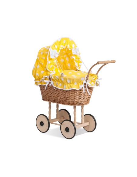 Wicker dolls' pram with yellow bedding and padding - natural