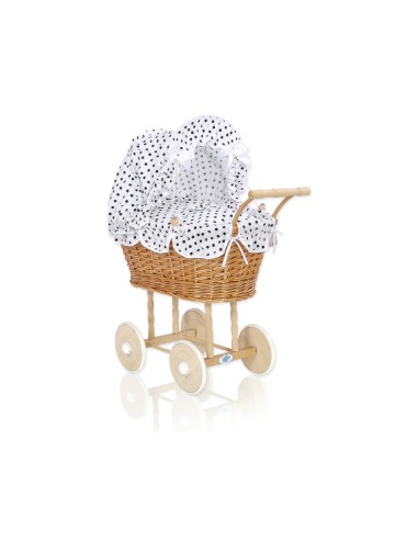 Wicker dolls' pram with white-black bedding and padding - natural