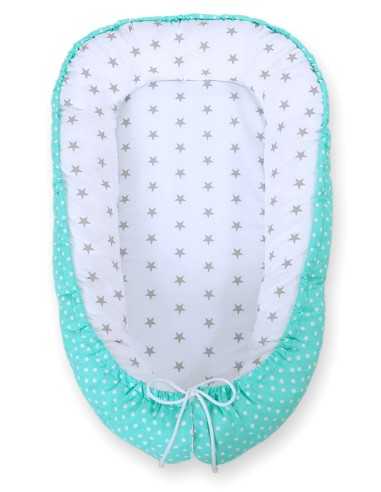 Baby nest double-sided Premium Cocoon for infants BOBONO- grey stars/ dots on mint