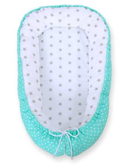 Baby nest double-sided Premium Cocoon for infants BOBONO- grey stars/ dots on mint