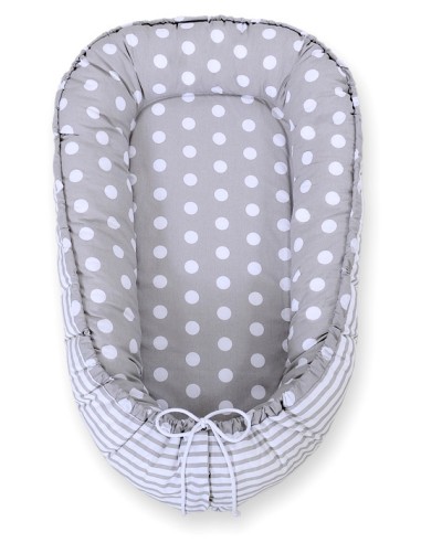 Baby nest double-sided Premium Cocoon for infants BOBONO- dots on grey/ grey strips