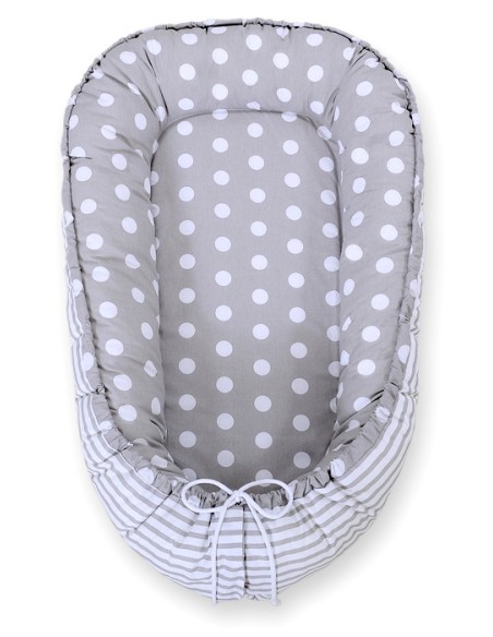 Baby nest double-sided Premium Cocoon for infants BOBONO- dots on grey/ grey strips