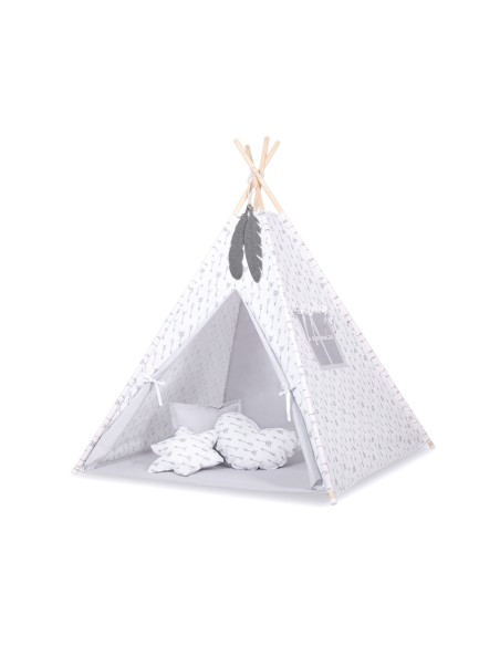 Teepee tent for kids + playmat + pillows + decorative feathers - Grey arrows