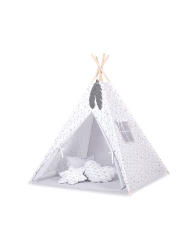 Teepee tent for kids +play mat + decorative feathers - Grey arrows