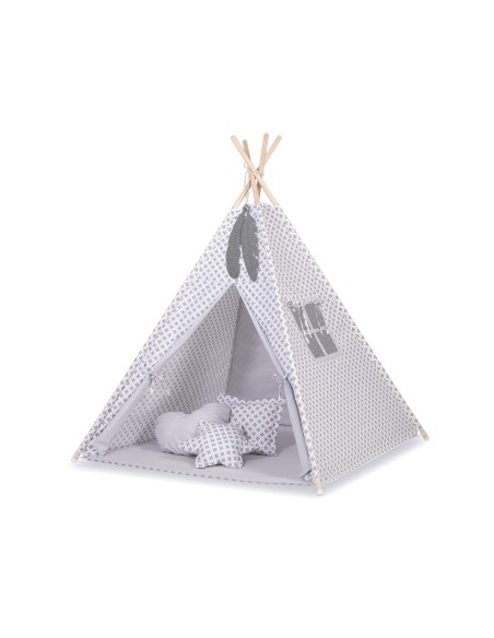 Teepee tent for kids + decorative feathers - Gray cross pattern