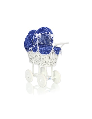 Wicker dolls' pram with navy blue bedding and padding - white