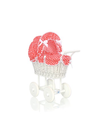 Wicker dolls' pram with red bedding and padding - white