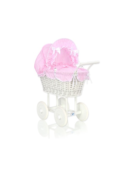 Wicker dolls' pram with pink bedding and padding - white