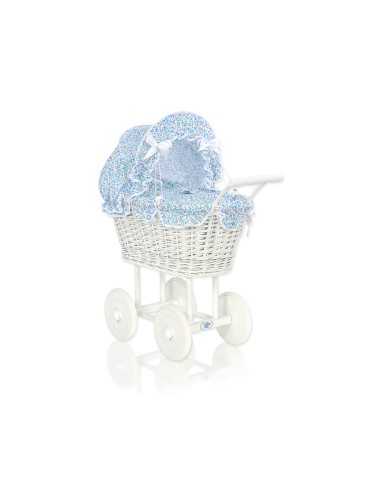 Wicker dolls' pram with blue bedding and padding - white