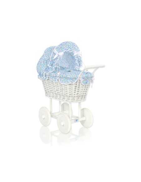 Wicker dolls' pram with blue bedding and padding - white