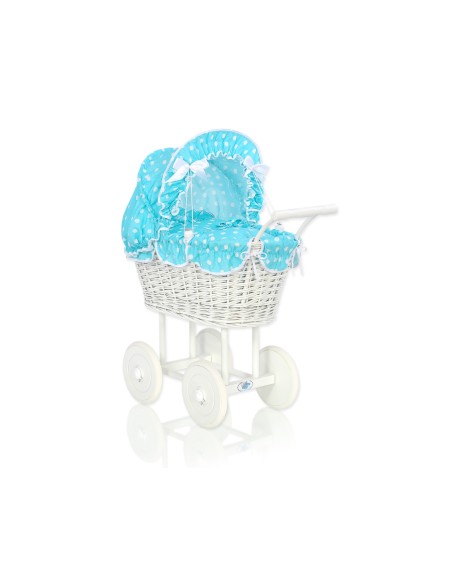 Wicker dolls' pram with turquoise bedding and padding - white