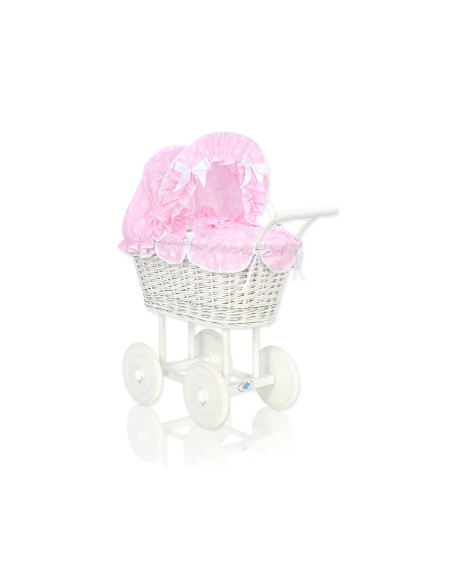 Wicker dolls' pram with pink bedding and padding - white