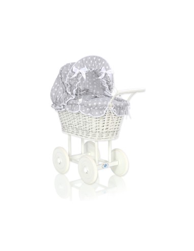 Wicker dolls' pram with grey bedding and padding - white