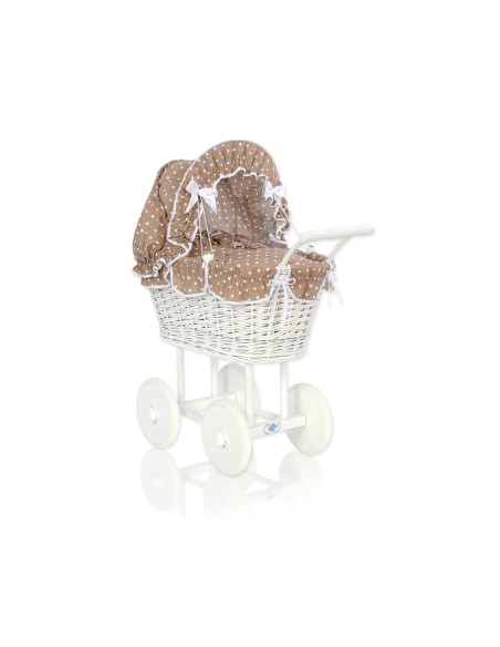 Wicker dolls' pram with brown bedding and padding - white