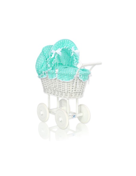 Wicker dolls' pram with mint bedding and padding - white