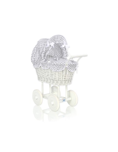 Wicker dolls' pram with grey bedding and padding - white